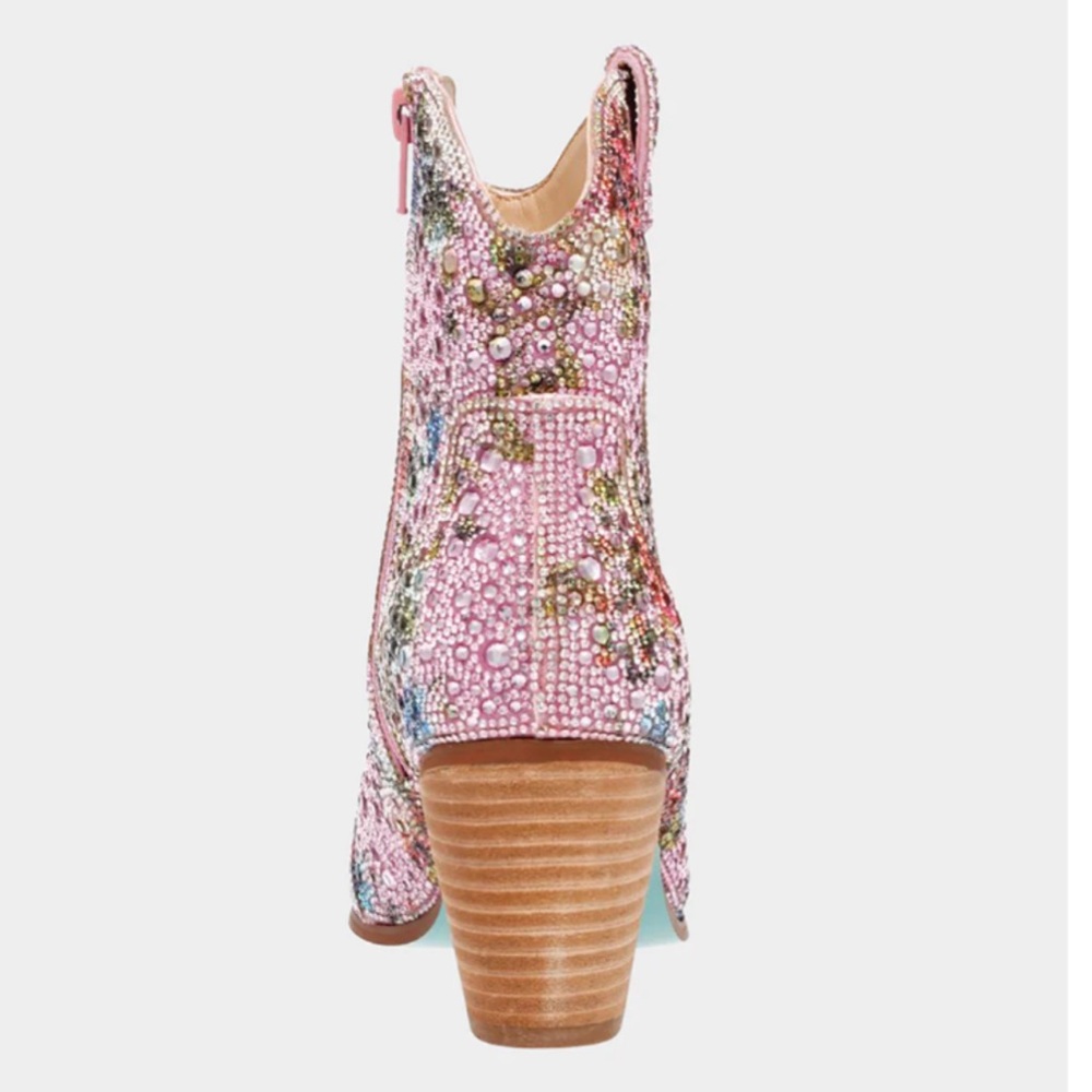 Betsey Johnson Diva F Cowboy Rhinestone Ankle Boots Booties, 8.5, Pink Floral - Picture 3 of 9